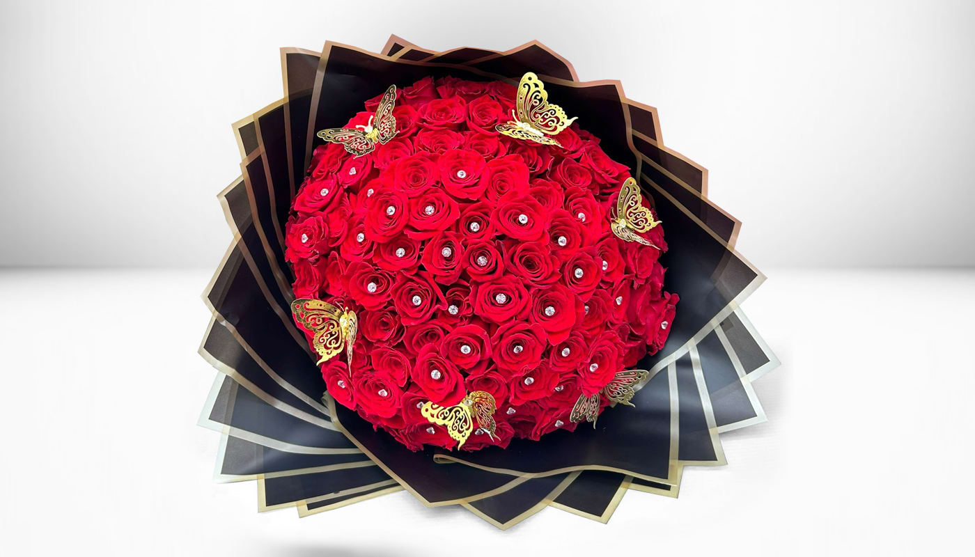 100 Red Roses &amp; Diamond - 100 Red Roses, Butterfly And Diamonds 