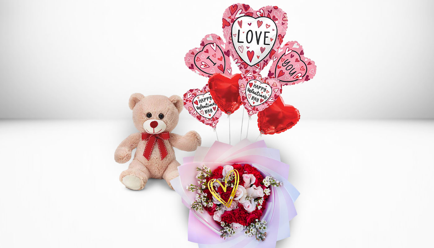 Pink Roses &amp;  Carnations, Balloon Bouquet &amp; Teddy bear  -  this arrangement contains Pink roses , Valentine Bouquet &amp; teddy 