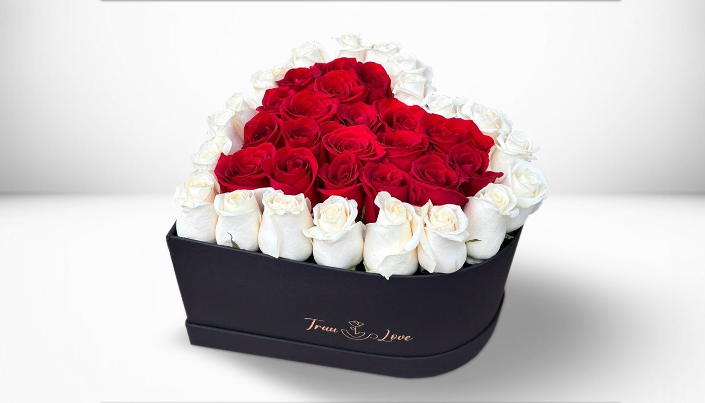 Love white &amp; Red heart Box  - This arrangement contains 35 Roses white &amp; red 