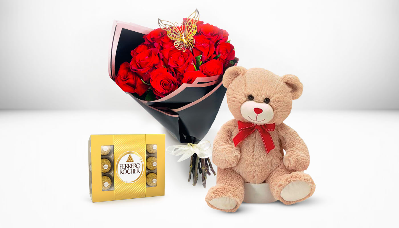 18 Red Roses, Teddy bear &amp; chocolate  - this Arrangement contains 18 Red Roses, teddy bear &amp; box chocolate 