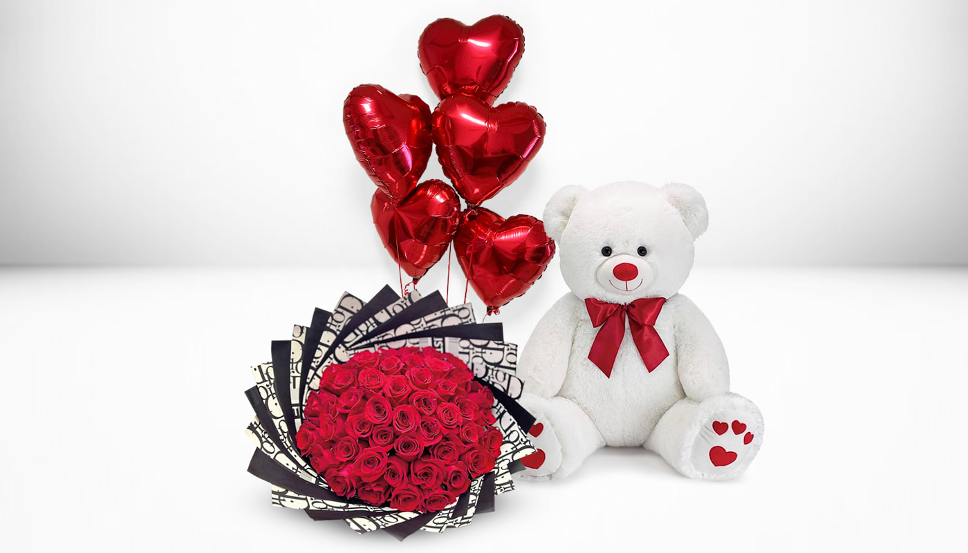 50 Red  Roses Dior, 5 balloon &amp; big Teddy  - 50 Red roses bundle 