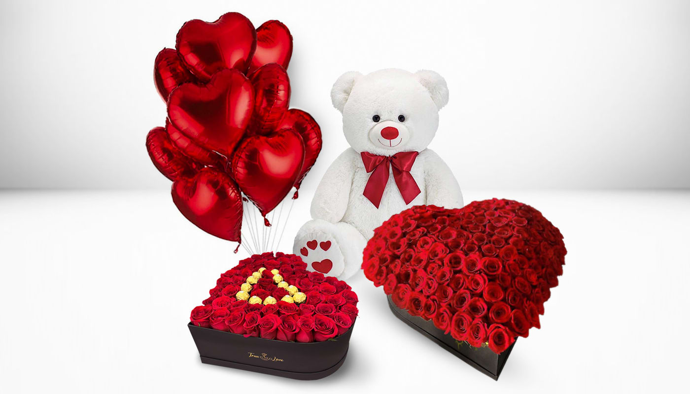 Luxurios Heart Boxes , balloon Bouquets &amp; super big Teddy  - 400 Red roses, 10 heart balloon &amp; big teddy bear 