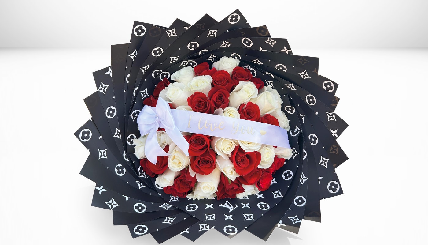 True Love Bloom  - white &amp; red Roses white,Ribbon I love  50 Roses Standard Price 75 Roses Deluxe Price 100 Roses Premium Price