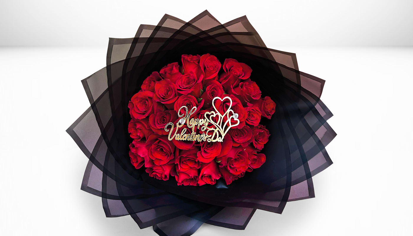Valentine Day Black Bouqquet  - 25 Red Roses Standard 35 Red Roses Deluxe 50 Red Roses Premium