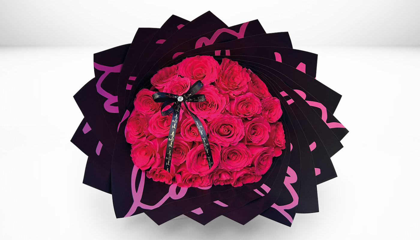 Hot Pink Flower Black Paper  - 25 Red Roses Standard 50 Red Roses Deluxe 75 Red Roses Premium