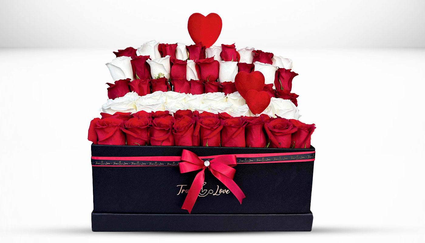 Luxury Love White &amp; Red  - Full Box Roses 85- 90 Roses 