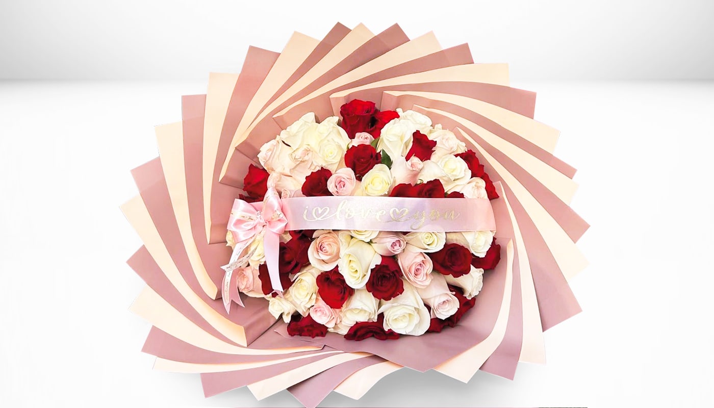 Mix Color Roses Bouquet -I love ribbon - 25 Red Roses Standard 50 Red Roses Deluxe 75 Red Roses Premium
