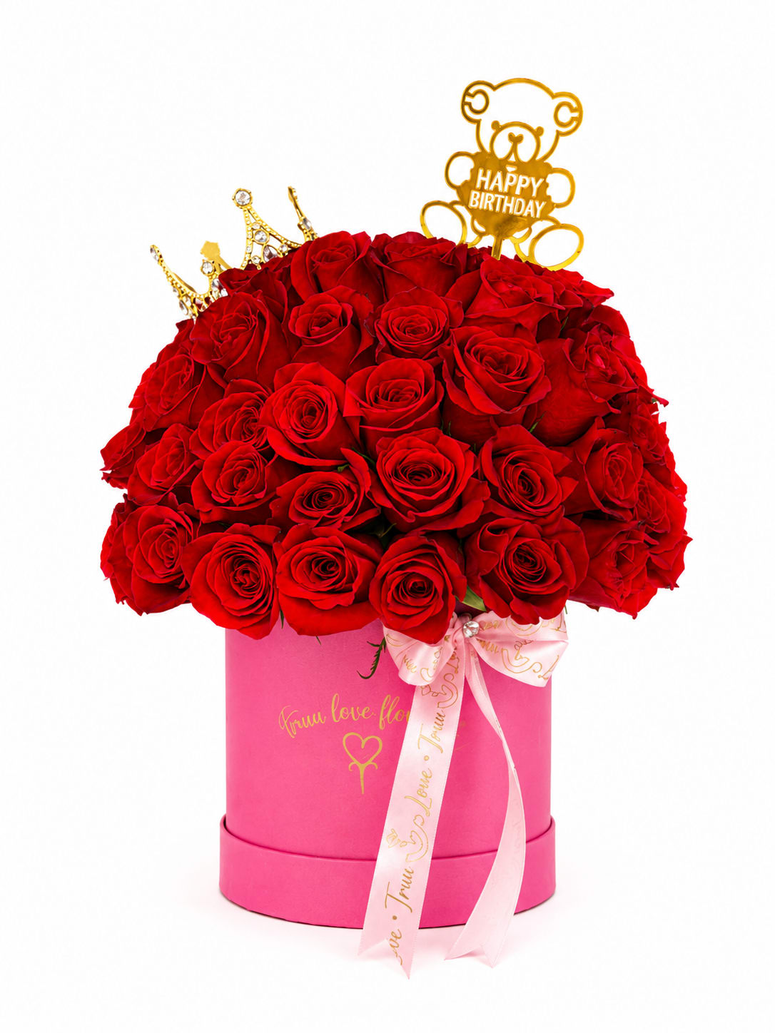Birthday Queen hot box  - box hot pink red roses, tiara and topper happy birthday 