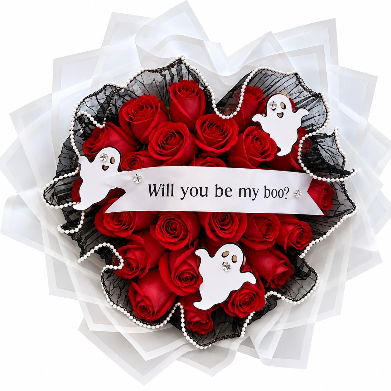Red rose bouquet with ghost decorations and a "Will you be my boo?" banner