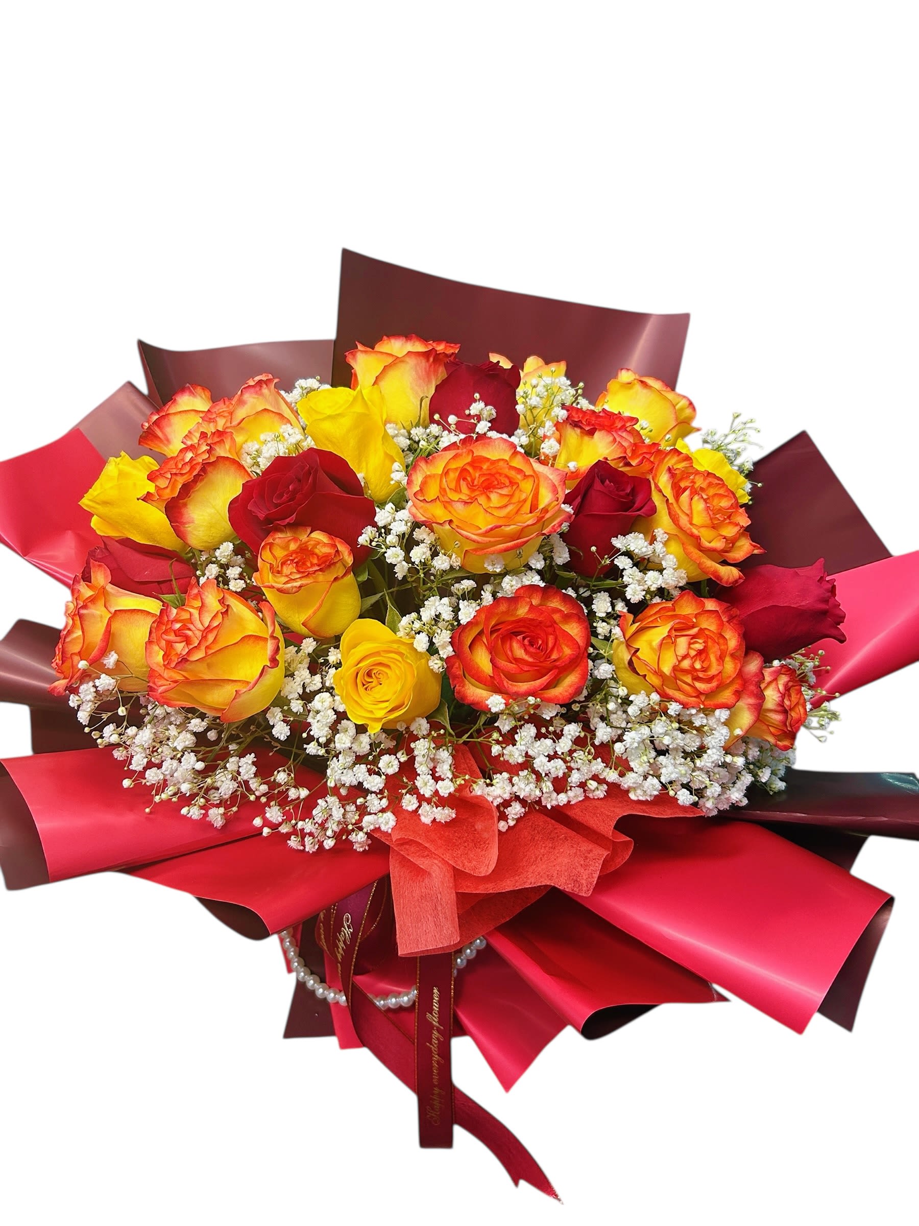 Bouquet of red and yellow roses with white baby's breath in red wrap