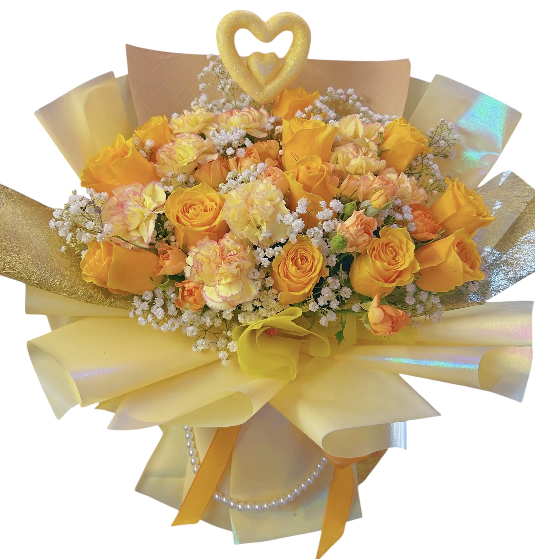 Bouquet of yellow and peach roses with baby’s breath in iridescent wrap