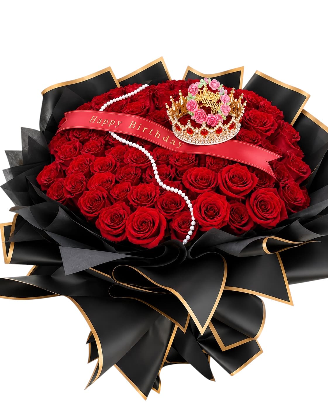 Large bouquet of red roses with a birthday ribbon and crown decoration