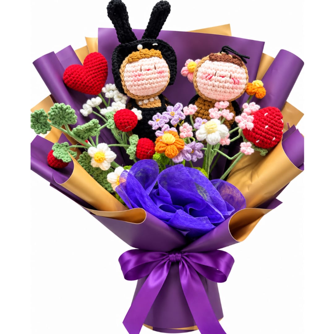 Crocheted doll bouquet with colorful flowers and purple wrapping