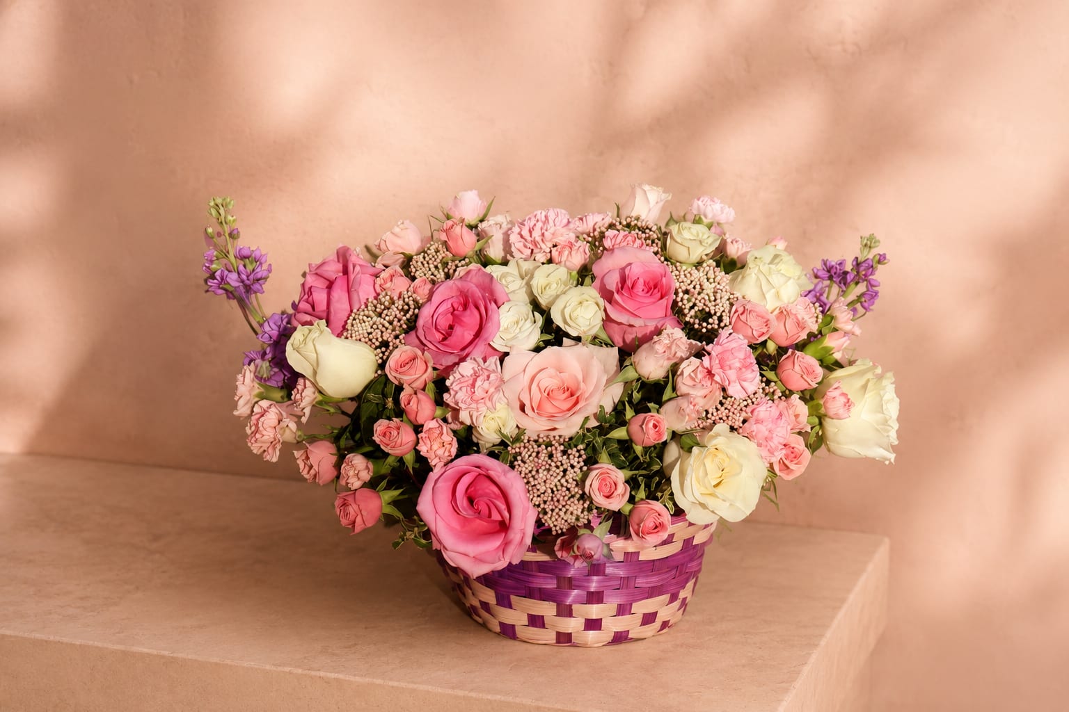 Levana's Garden Grace – Luxury Basket - Inspired by Levana, the Roman goddess of nurturing and new beginnings, Levana's Garden Grace is a lush basket arrangement designed to celebrate life's sweetest moments. Premium roses, delicate spray roses, carnations, and seasonal accent flowers are thoughtfully arranged in a keepsake woven basket, creating a graceful composition filled with texture, softness, and timeless beauty.  Each arrangement is handcrafted by Flower Fairy using the freshest seasonal flowers available. Every design is naturally unique while maintaining its signature romantic garden style.  Perfect for birthdays, anniversaries, baby showers, Mother's Day, congratulations, get well wishes, or simply letting someone know they're loved.  Features: Premium roses Spray roses Fresh carnations Seasonal accent flowers Decorative woven basket Handcrafted by Flower Fairy Same-day flower delivery throughout the Phoenix Metro Area Designed by your local Phoenix florist 