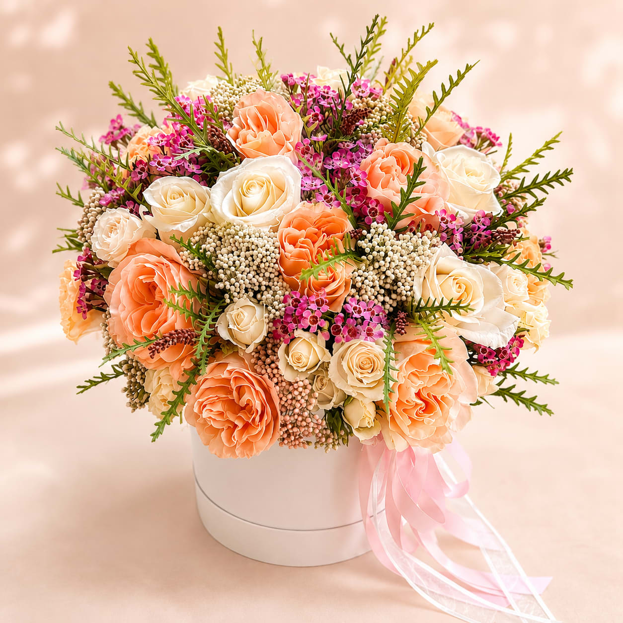 Laima's Blush Reverie – Luxury Hat Box - Inspired by Laima, the Baltic goddess of happiness, fortune, and life's beautiful moments, Laima's Blush Reverie is a luxurious composition of premium peach and ivory roses, delicate spray roses, vibrant waxflower, and fresh seasonal greenery. Arranged in Flower Fairy's signature keepsake hat box, this elegant design blends soft pastel tones with rich botanical textures to create an unforgettable gift.  Each arrangement is handcrafted using the freshest seasonal flowers available. Every design is naturally unique while preserving its signature romantic garden style.  Perfect for birthdays, anniversaries, Mother's Day, congratulations, baby showers, housewarmings, or any occasion worth celebrating with flowers.  Features: Premium peach and ivory roses Spray roses Waxflower Seasonal greenery Luxury keepsake hat box Handcrafted by Flower Fairy Same-day flower delivery throughout the Phoenix Metro Area Designed by your local Phoenix florist