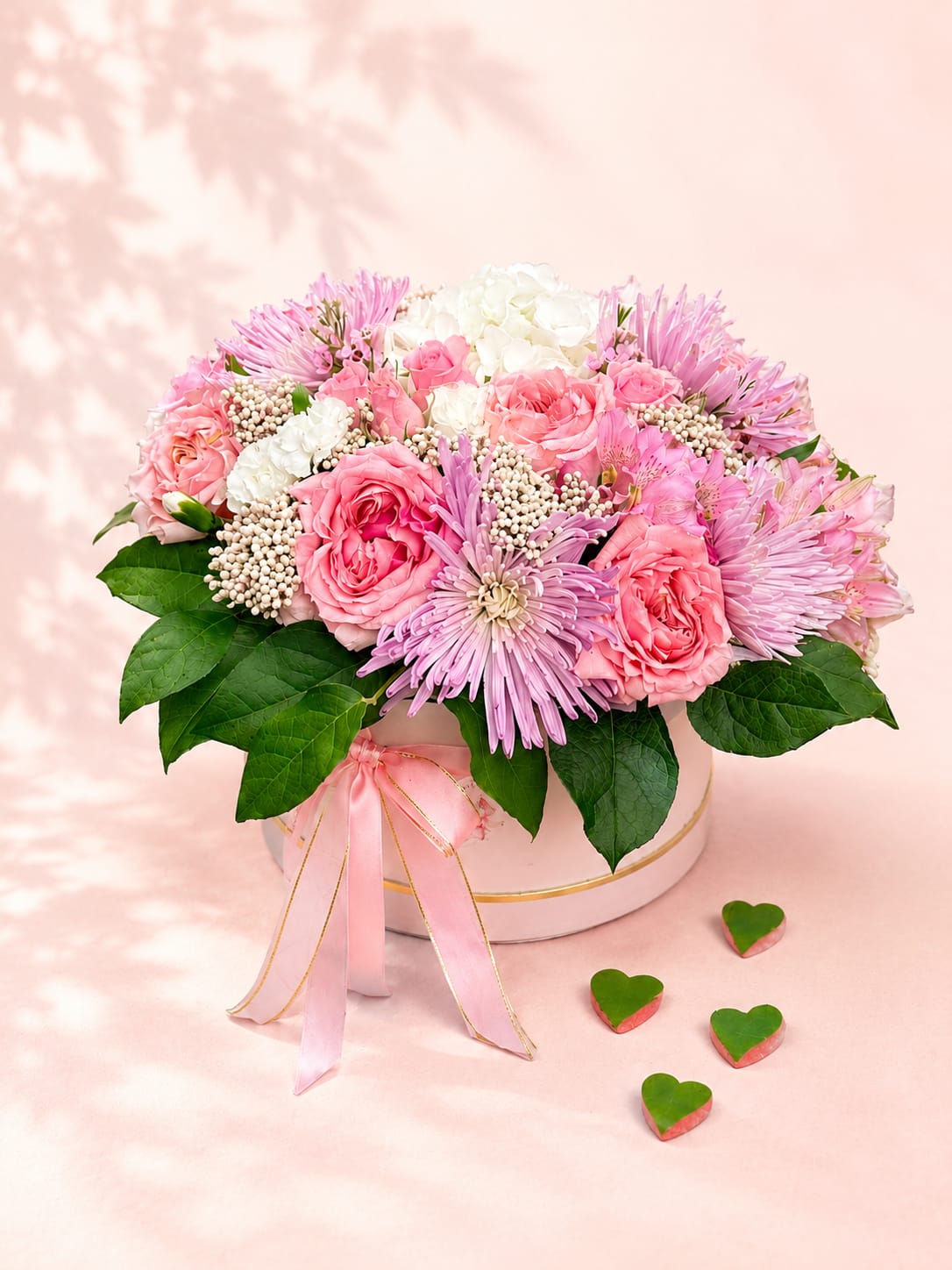 Bastet's Blush Embrace – Luxury Hat Box - Inspired by Bastet, the Egyptian goddess of beauty, grace, and protection, Bastet's Blush Embrace is a luxurious floral composition overflowing with soft pink blooms and delicate textures. Premium garden-style roses, spray roses, chrysanthemums, hydrangea, carnations, alstroemeria, and seasonal accent flowers are artfully arranged to create a design that feels both sophisticated and effortlessly romantic.  Every arrangement is handcrafted using the freshest premium flowers available, making each creation naturally unique while preserving Flower Fairy's signature lush, garden-inspired style. Presented in a keepsake luxury hat box, it is an unforgettable gift for life's most meaningful moments.  Perfect for birthdays, anniversaries, Mother's Day, baby showers, congratulations, thank-you gifts, or simply making someone feel cherished.  Features: Premium roses Premium spray roses Fresh hydrangea Spider chrysanthemums Seasonal accent flowers Luxury signature hat box Handcrafted by Flower Fairy Available in Standard, Deluxe, and Premium sizes Same-day flower delivery throughout the Phoenix Metro Area Designed by your local Phoenix florist