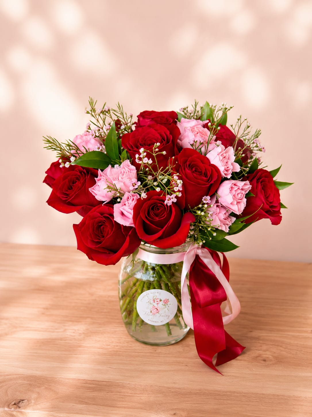 Eros' First Kiss – Luxury Vase - Inspired by Eros, the Greek god of love and desire, Eros' First Kiss captures the excitement and beauty of a blossoming romance.  This elegant vase arrangement features 12 premium red roses, 5 stems of delicate spray roses, airy waxflower, and fresh seasonal greenery, thoughtfully designed in a clear glass vase. The combination of classic roses and graceful spray roses creates a lush, romantic composition with timeless appeal, making it a beautiful expression of love, admiration, and heartfelt affection.  Perfect for anniversaries, birthdays, Valentine's Day, romantic surprises, or simply reminding someone how much they mean to you.  Each arrangement is handcrafted by Flower Fairy using the freshest flowers available. While occasional substitutions may be necessary due to seasonal availability, we always preserve the overall style, color palette, and premium quality of every design.  Features: 12 premium red roses 5 stems of premium spray roses Waxflower Fresh seasonal greenery Clear glass vase Handcrafted by Flower Fairy Same-day flower delivery in Phoenix Designed by your local Phoenix florist