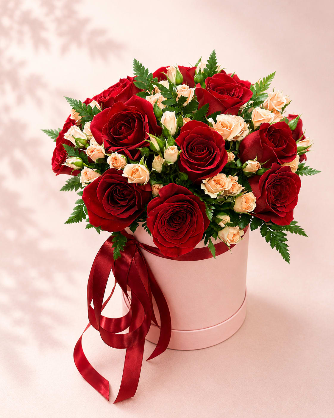 Parvati's Velvet Promise – Luxury Hat Box - Inspired by Parvati, the Hindu goddess of love, devotion, and marriage, Parvati's Velvet Promise is a timeless expression of deep affection and enduring romance.  Premium red roses are beautifully paired with delicate cream spray roses and fresh seasonal greenery, creating a lush arrangement filled with rich color, graceful textures, and classic elegance. Handcrafted in Flower Fairy's signature luxury keepsake hat box, this sophisticated design symbolizes unwavering love and heartfelt devotion.  Whether celebrating an anniversary, Valentine's Day, an engagement, or simply expressing your deepest feelings, Parvati's Velvet Promise is a gift that speaks from the heart.  Each arrangement is handcrafted by Flower Fairy using the freshest premium flowers available. While occasional substitutions may be necessary due to seasonal availability, we always preserve the overall style, color palette, and premium quality of every design.  Features Premium red roses Premium cream spray roses Fresh seasonal greenery Luxury keepsake hat box Handcrafted by Flower Fairy Same-day flower delivery throughout the Phoenix Metro Area Designed by your local Phoenix florist