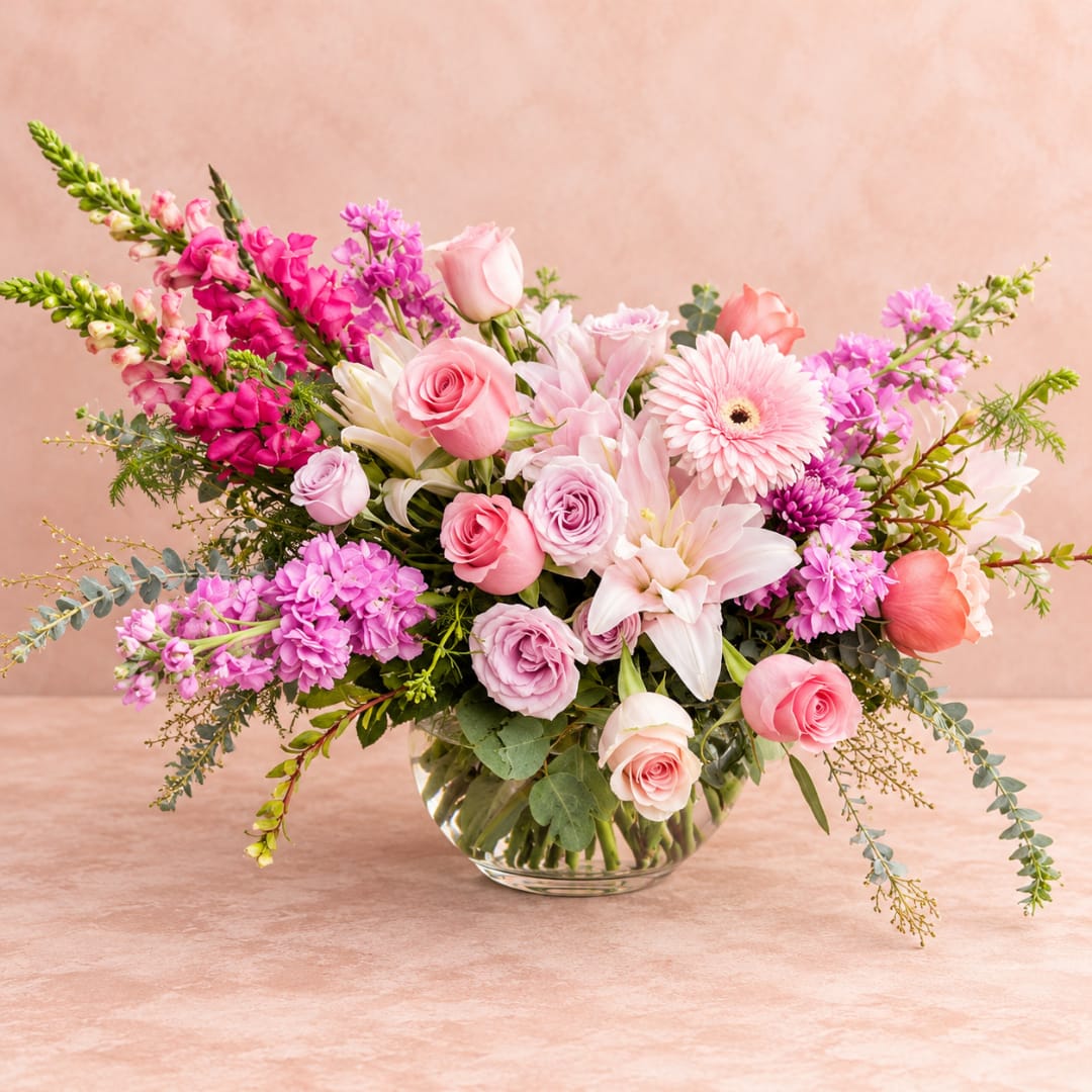 Pink and lavender mixed bouquet in a clear glass vase