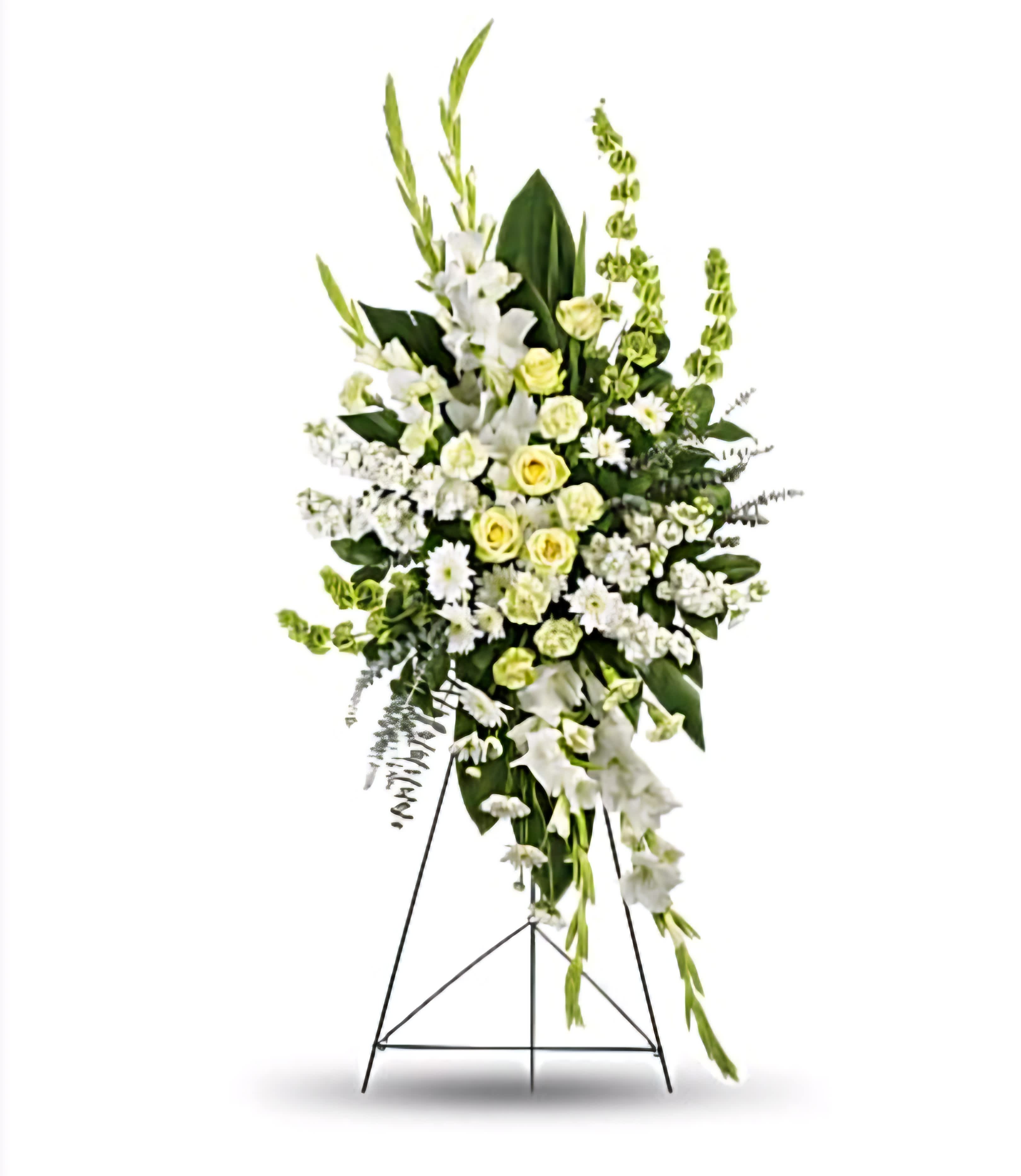  Funeral Standing Spray - Honor a loved one with our White Funeral Standing Spray, an elegant arrangement of pure white flowers symbolizing peace, purity, and heartfelt remembrance.      