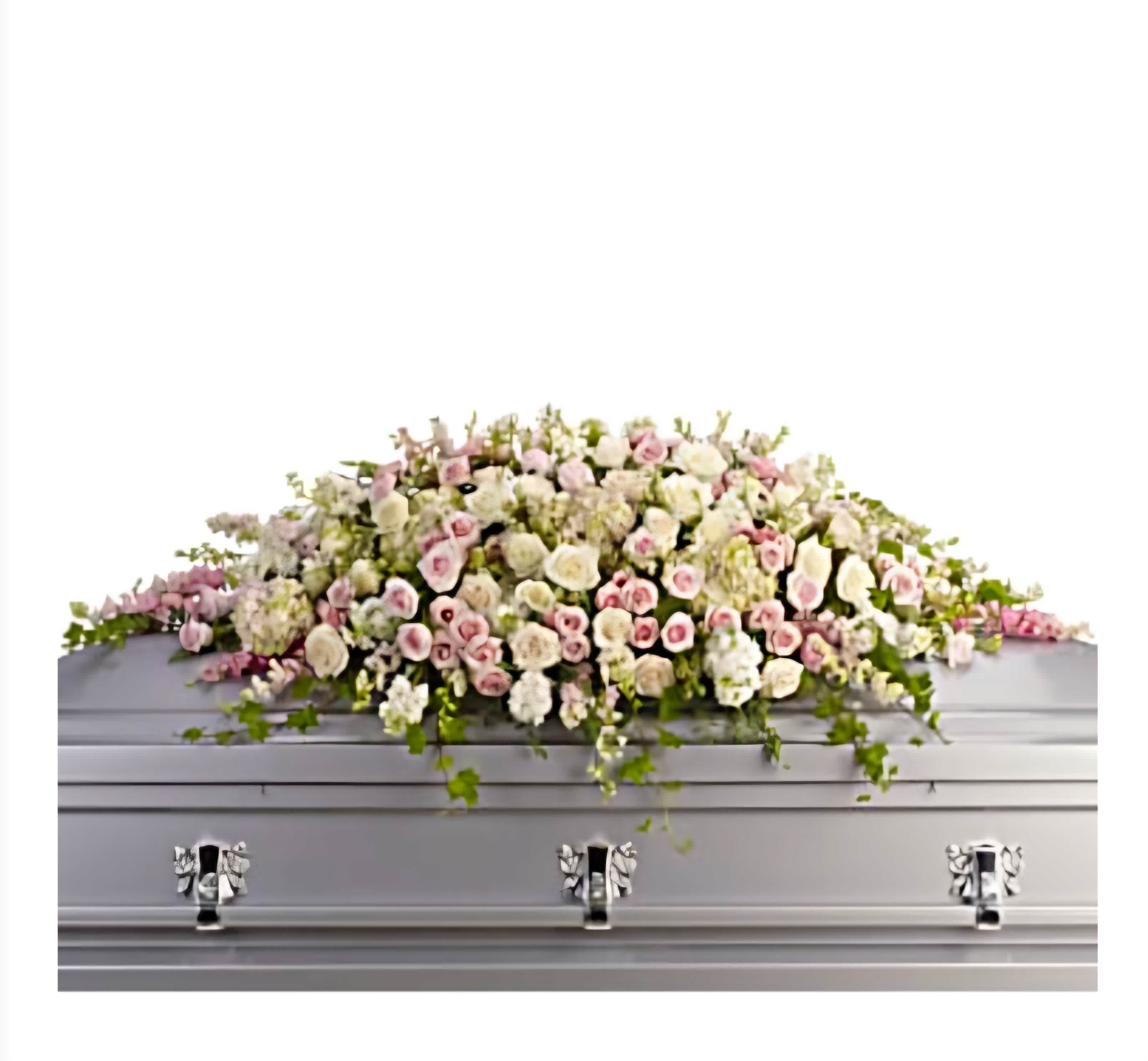Funeral Casket with White and Pink Roses  - Elegantly adorned, our Funeral Casket with White and Pink Roses offers a tender farewell with a blend of serene white and gentle pink roses, symbolizing love, remembrance, and grace in this solemn moment.      