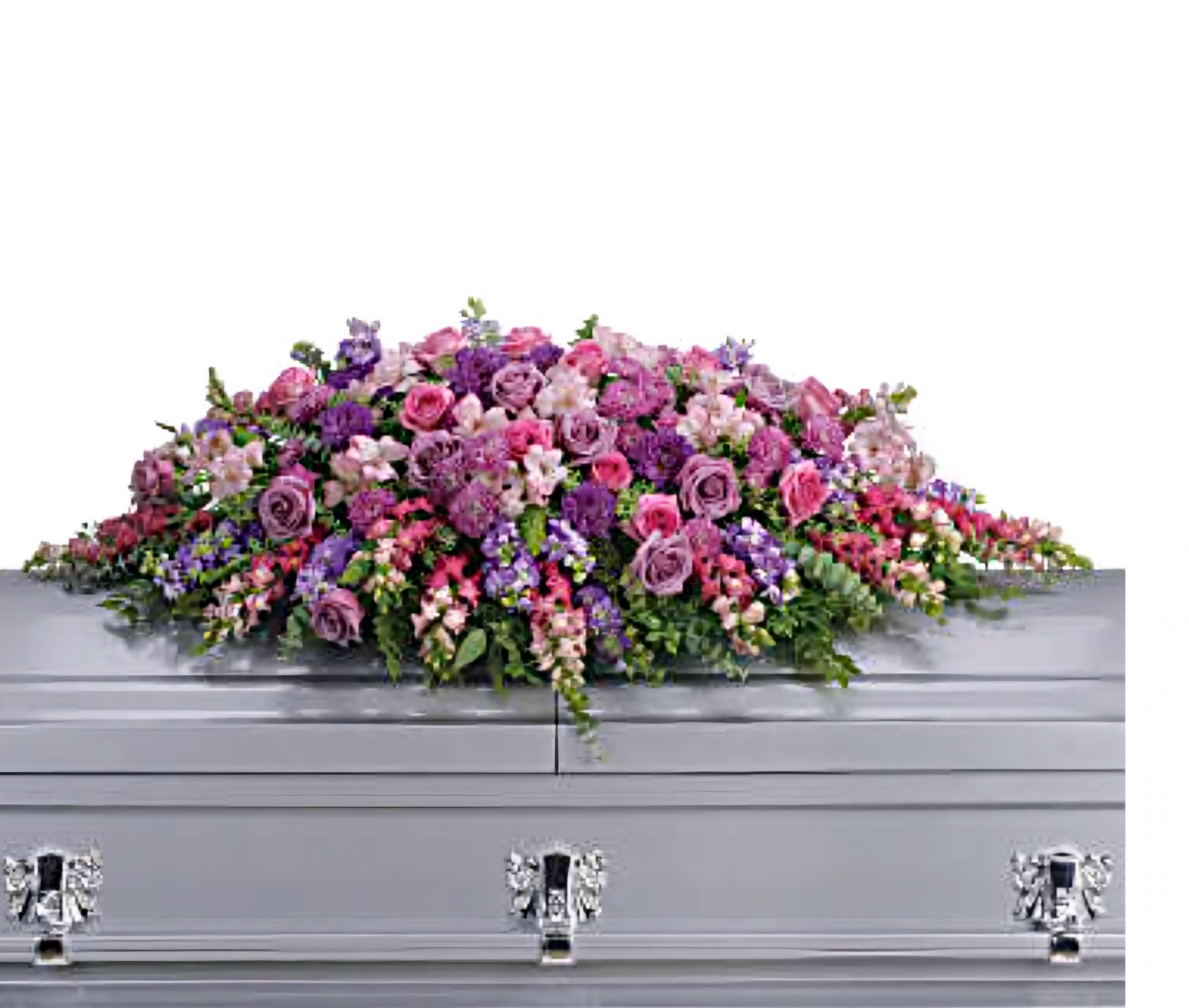 Funeral Casket adorned with Purple and Pink Roses - Embrace fond memories with our Funeral Casket adorned with Purple and Pink Roses, a poignant tribute combining the calming essence of purple with the gentle warmth of pink roses, offering solace and remembrance during this heartfelt farewell.