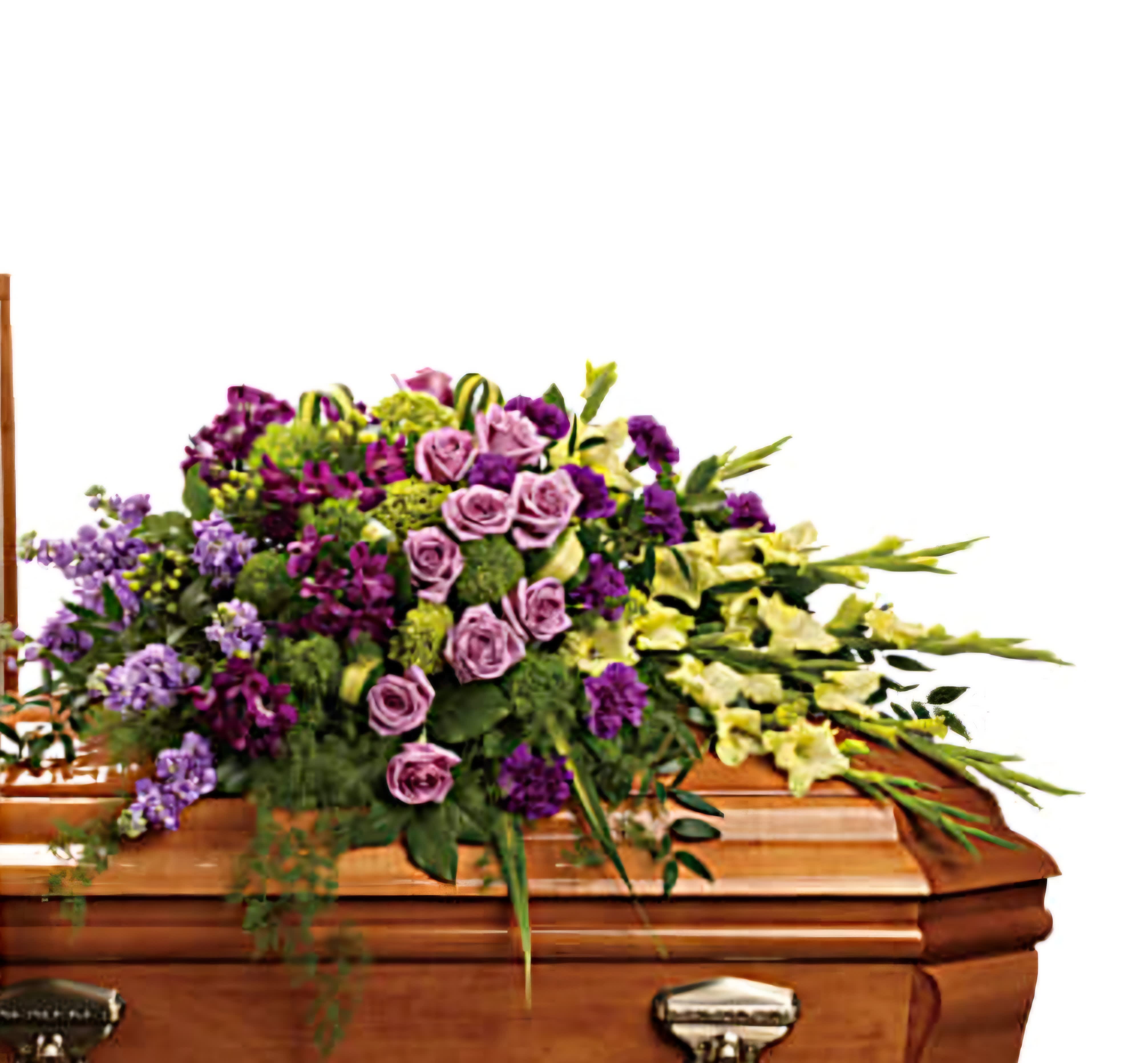 Purple and pink beautiful Casket - Offer a heartfelt farewell with our Purple and Pink Funeral Casket Spray, a dignified arrangement of purple and pink flowers that convey deep respect, love, and fond memories in honor of your loved one's life.