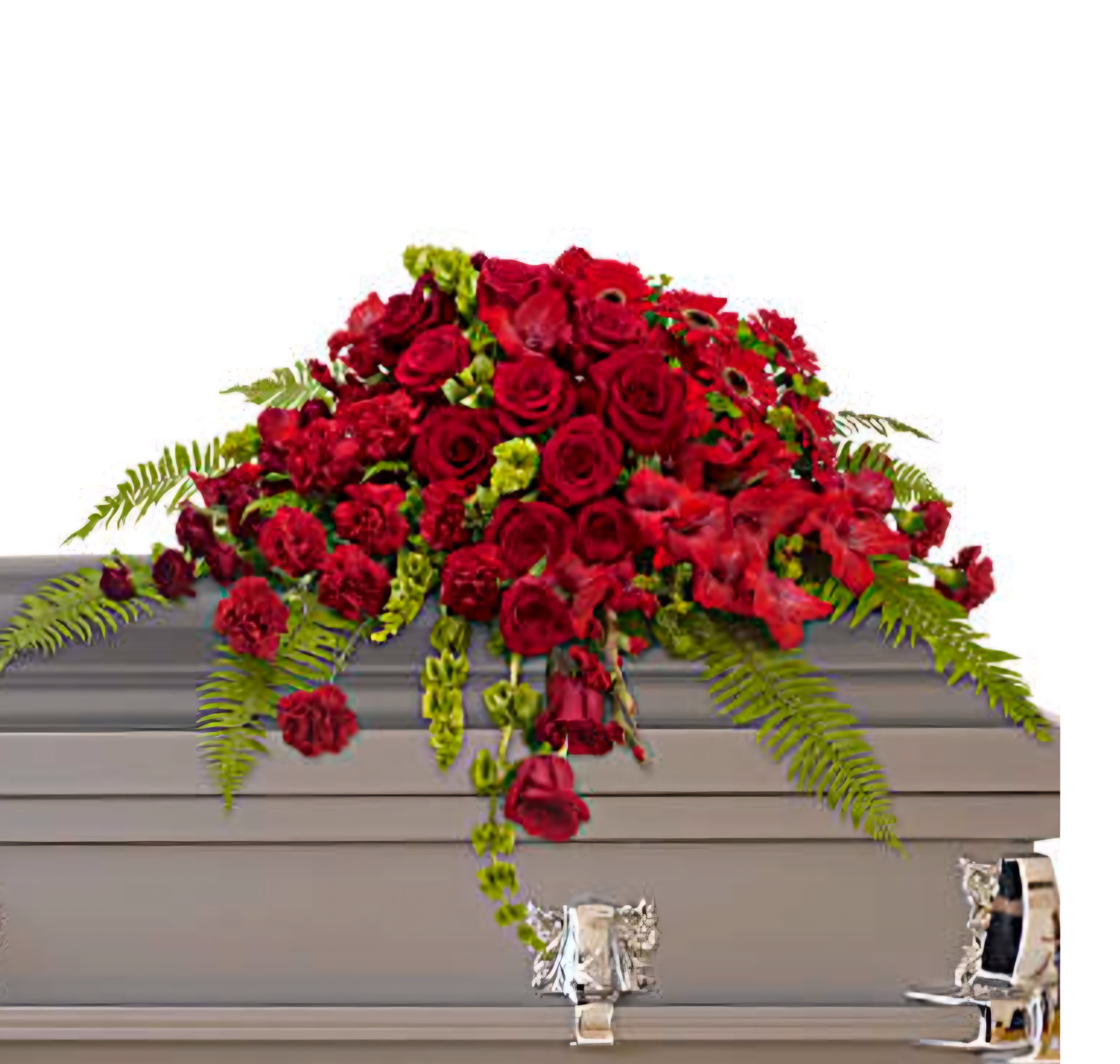 Casket with red roses - In honor of a cherished life, our funeral casket features a dignified arrangement of deep red roses, offering a heartfelt tribute of love, respect, and enduring memories.