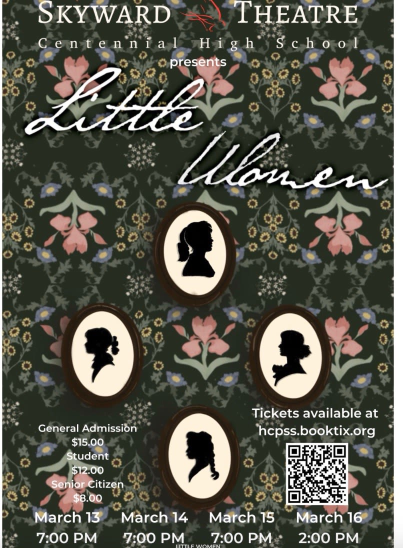 Little Women theater poster with floral wallpaper and silhouette portraits
