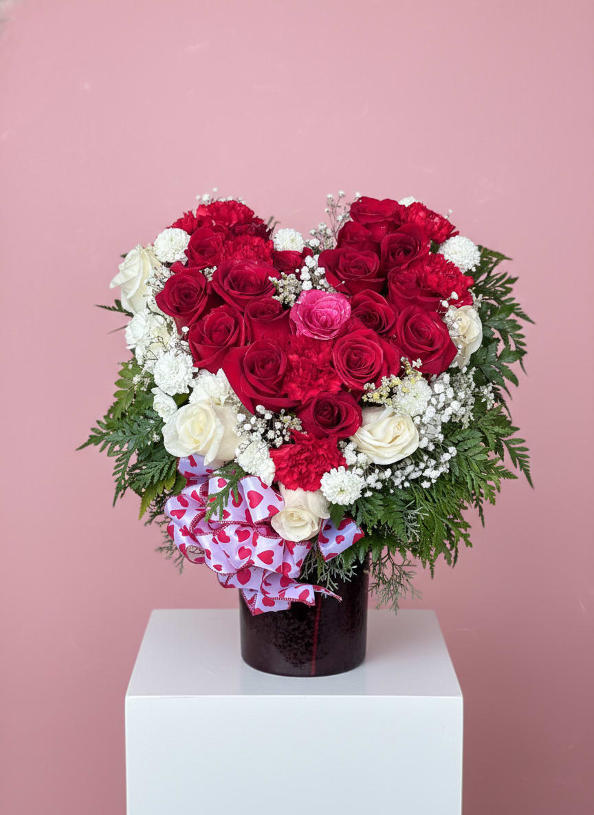 Heart-shaped bouquet of red and white roses in a dark vase