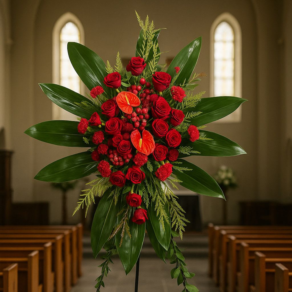 Tall red rose standing spray with tropical blooms framed by large green leaves