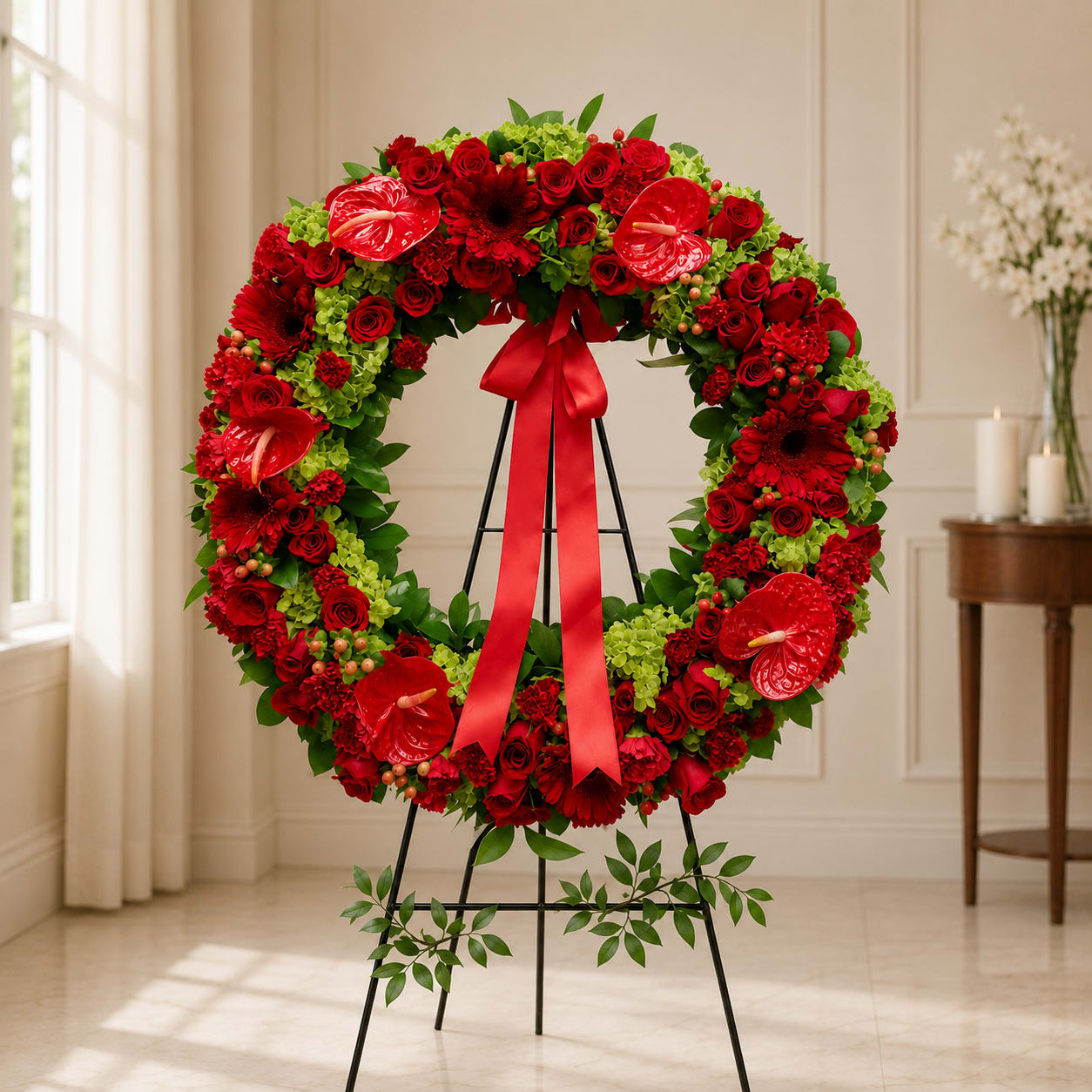 Red floral wreath on a black stand with a ribbon bow
