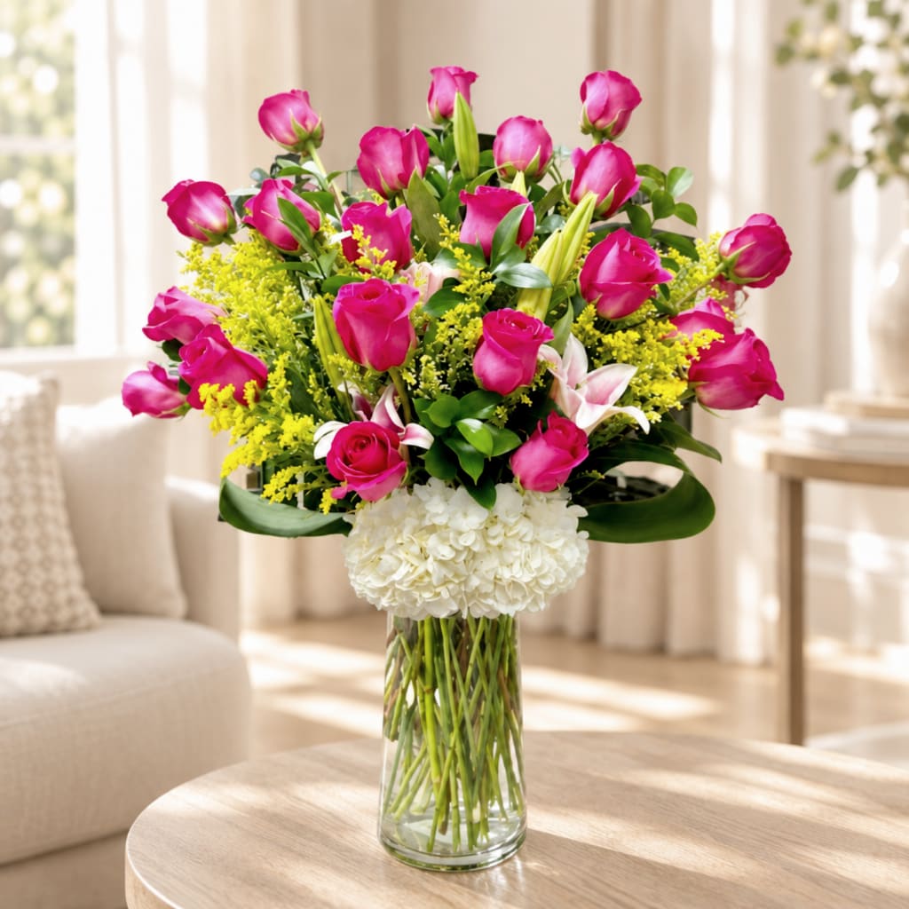 Pink roses and white lilies in a clear glass vase with white hydrangea