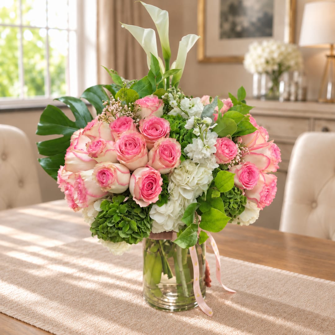 Pink and white rose bouquet in a clear glass vase