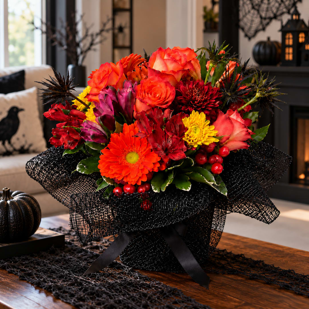 Bright mixed bouquet in a black mesh wrap with orange, red, and yellow flowers