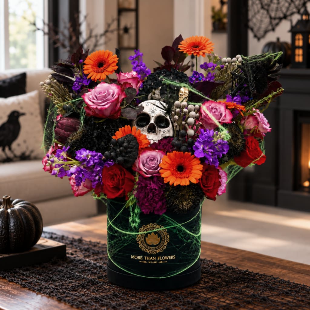 Halloween floral arrangement with a skull centerpiece in a black box