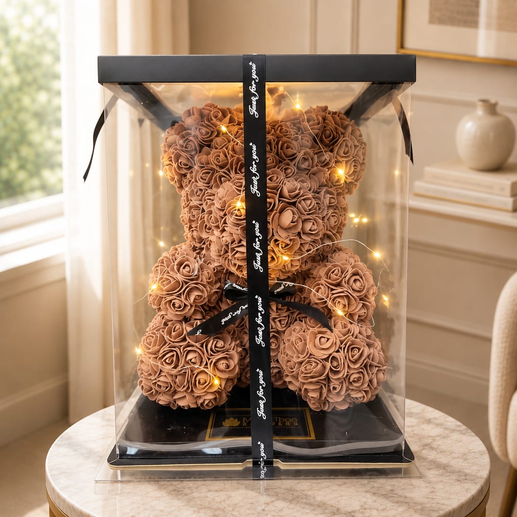 Teddy bear made of tan roses in a clear gift box with ribbon and lights