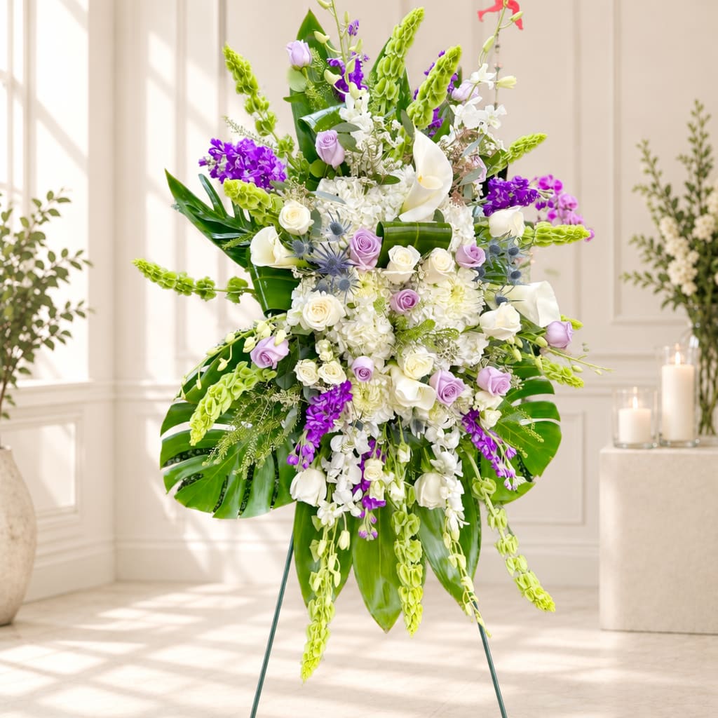 Tall floral standing arrangement with white, lavender, and purple blooms