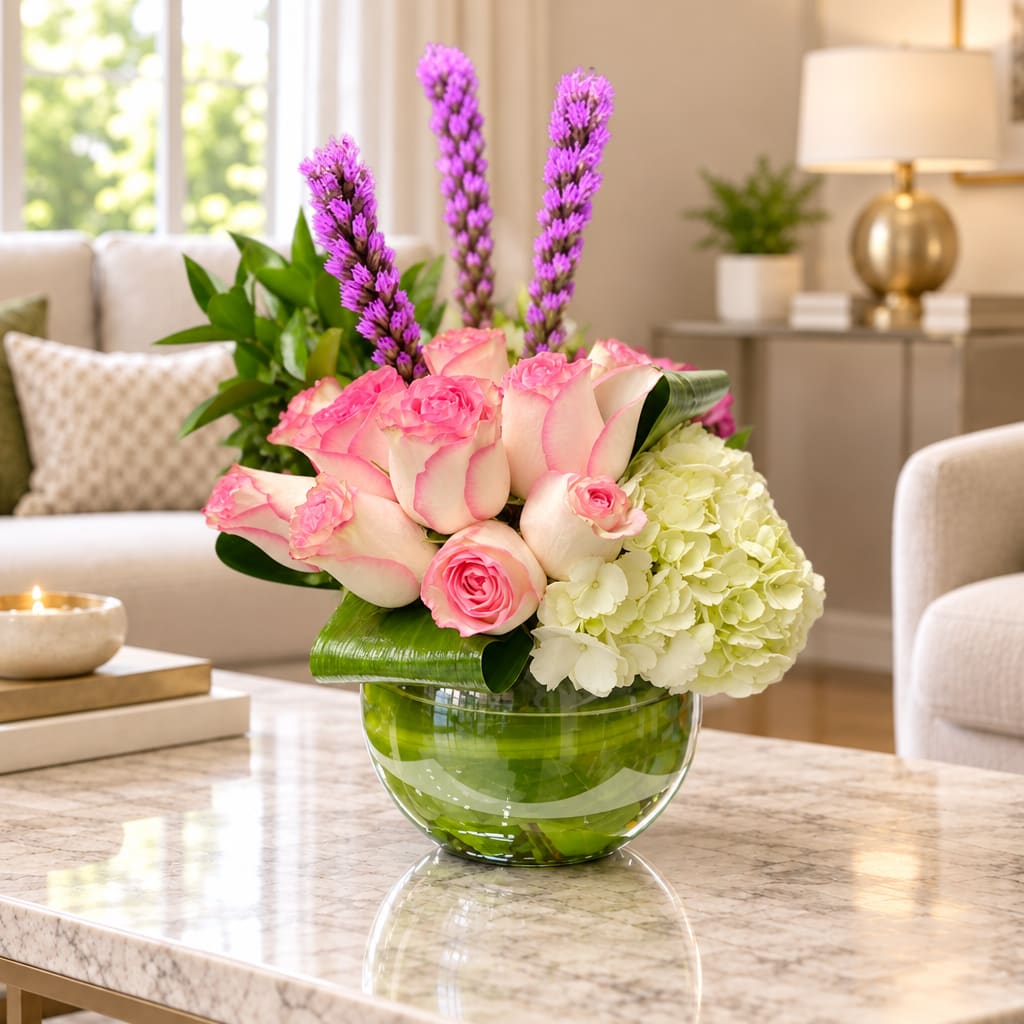 Pink roses and white hydrangea in a green glass bowl vase