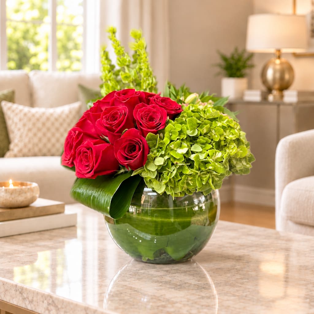 Red roses and green hydrangeas in a round glass vase
