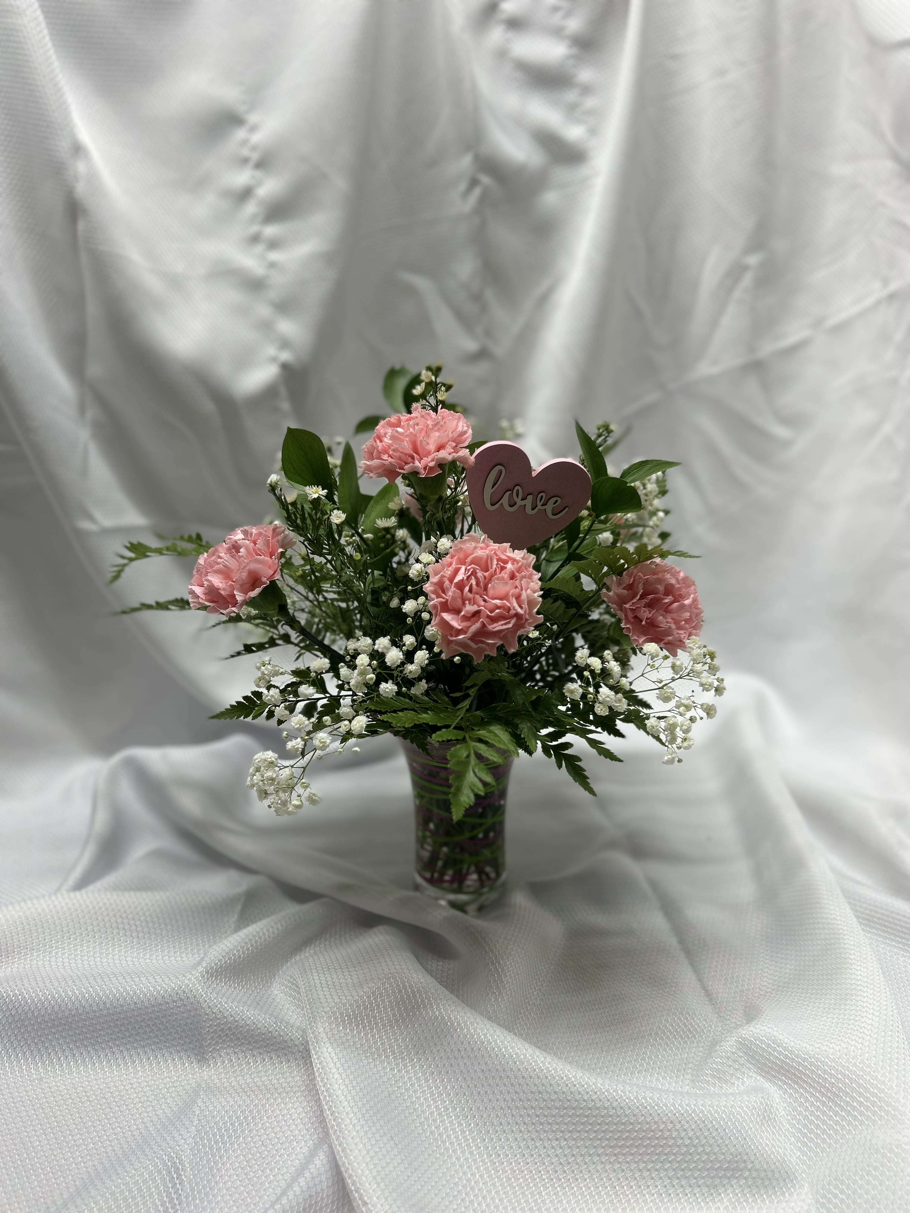Puppy Love - 6 carnations arranged in vase with babies breath; may specify all pink, all red, or mix of red, white &amp; pink