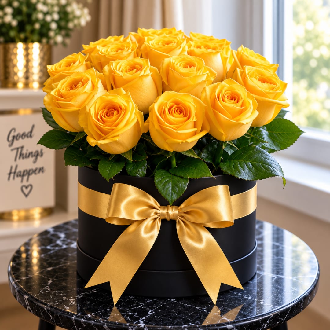 Yellow roses arranged in a black round box with a gold ribbon
