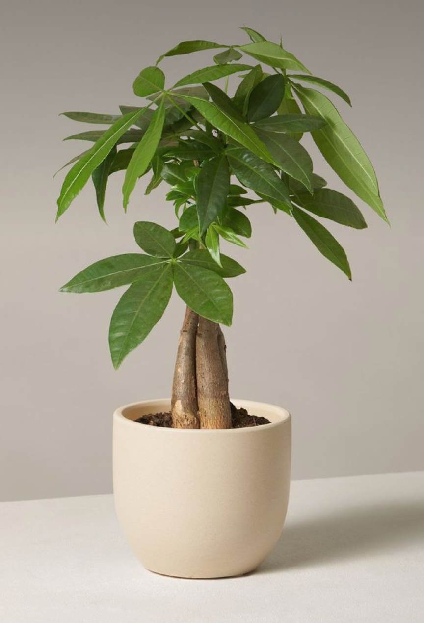 Potted money tree plant in a beige ceramic pot