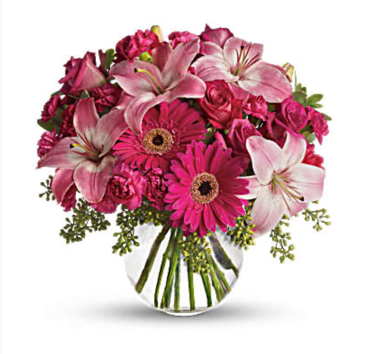 A Little Pink Me Up - Youthful. Graceful. Beautiful. These are just a few qualities that come to mind when gazing at a gorgeous bouquet of pink flowers. Whether you want this arrangement to say "Happy Anniversary" or "Happy Any Day," you can be sure the day it arrives will be brighter for anyone lucky enough to receive it. Lovely pink roses and asiatic lilies are joined by hot pink gerberas and miniature carnations, pink full-sized carnations and more in a clear glass bowl. Send this one and life will be a bowl of cheer! Orientation: All-Around