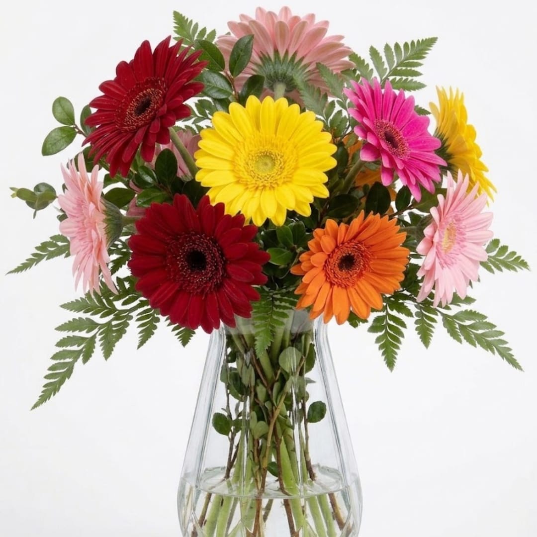 Colorful gerbera daisy bouquet in a clear glass vase