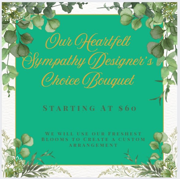 Green sympathy bouquet sign with leafy border and gold text