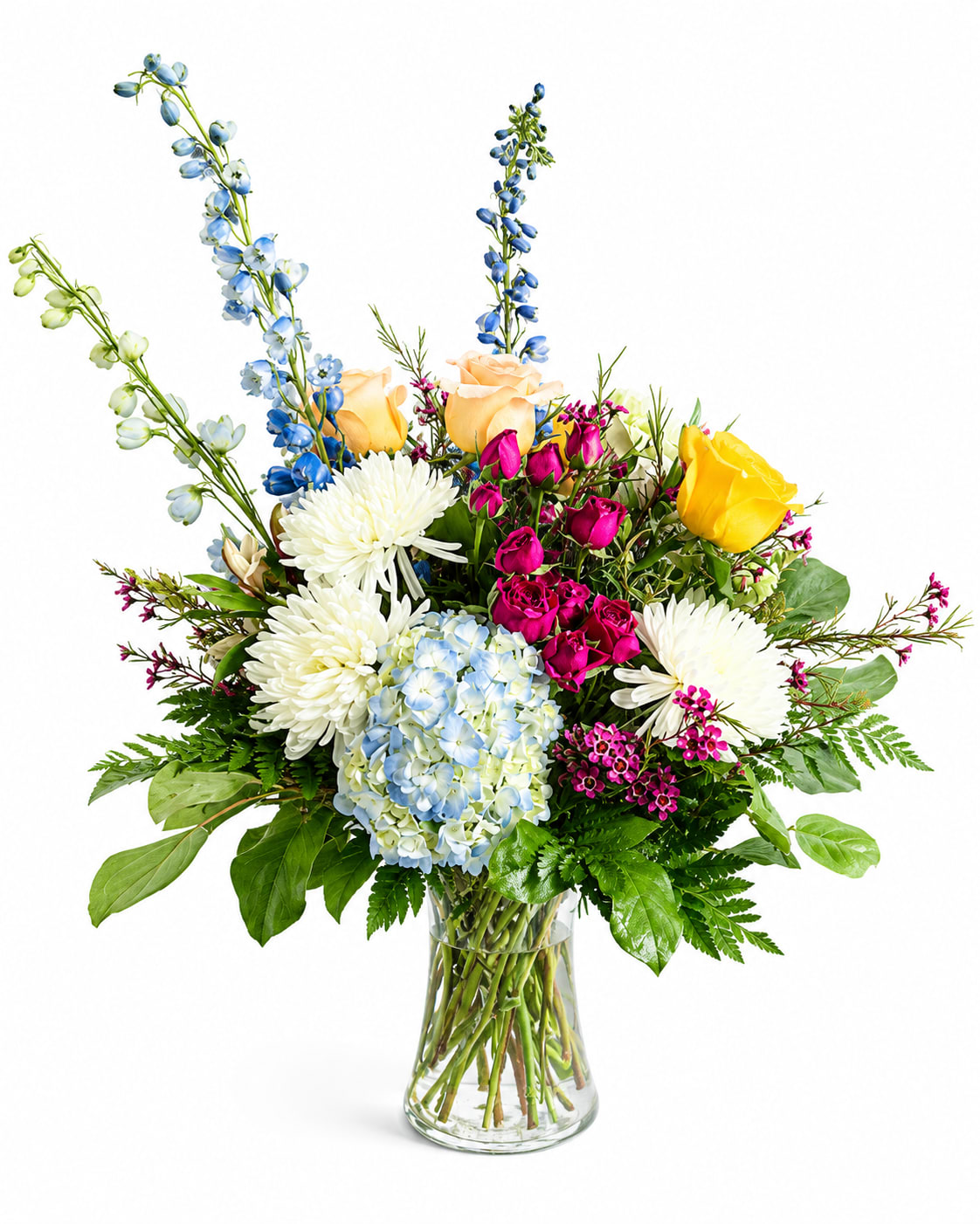 Sunshine &amp; Sky Bouquet - Sunshine &amp; Sky Bouquet  Bright, cheerful, and full of charm, the Sunshine &amp; Sky Bouquet brings together a delightful blend of vibrant blooms in a palette inspired by a beautiful spring day. Soft blue hydrangeas, sunny yellow roses, creamy peach roses, white spider mums, vibrant spray roses, and delicate blue delphinium create a colorful arrangement that radiates happiness and warmth.  Designed in a clear glass vase and accented with lush greenery and seasonal filler flowers, this arrangement is perfect for birthdays, celebrations, thank-you gifts, get well wishes, new babies, housewarmings, or simply brightening someone's day.  Its airy garden-inspired style offers a fresh, modern look while maintaining the handcrafted feel of a florist-designed arrangement. Whether displayed on a dining table, desk, kitchen island, or coffee table, Sunshine &amp; Sky adds a burst of color and joy to any space.  Approximate Size: 24" H x 20" W  Flowers may vary slightly based on seasonal availability while maintaining the overall style, color palette, and value of the arrangement.  Handcrafted with care by Spring Flower Market and available for local delivery throughout Spring, The Woodlands, Tomball, Magnolia, Conroe and surrounding communities.