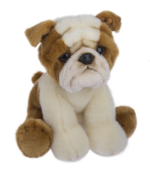 Plush bulldog stuffed animal with brown and white fur