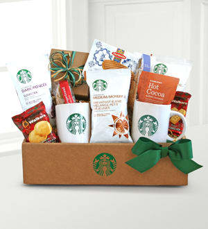 Classic Starbucks Coffee &amp; Cocoa - You can't go wrong with a classic gift of perfect Starbucks&reg; proportions! A natural Kraft box adorned with the Starbucks logo holds two Starbucks ceramic mugs and Starbucks Breakfast Blend House Blend and Sumatra coffees. This gift also includes hot cocoa Walker's shortbread medallions and shortbread fingers gingerbread biscotti and caramel wafer. Classically Starbucks!