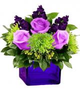Purple roses and dark purple flowers in a purple vase